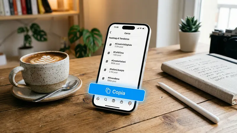 Telefono con una lista di hashtag accanto a un caffè