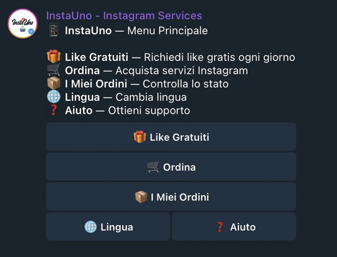 Menu principale bot Telegram per acquistare servizi Instagram