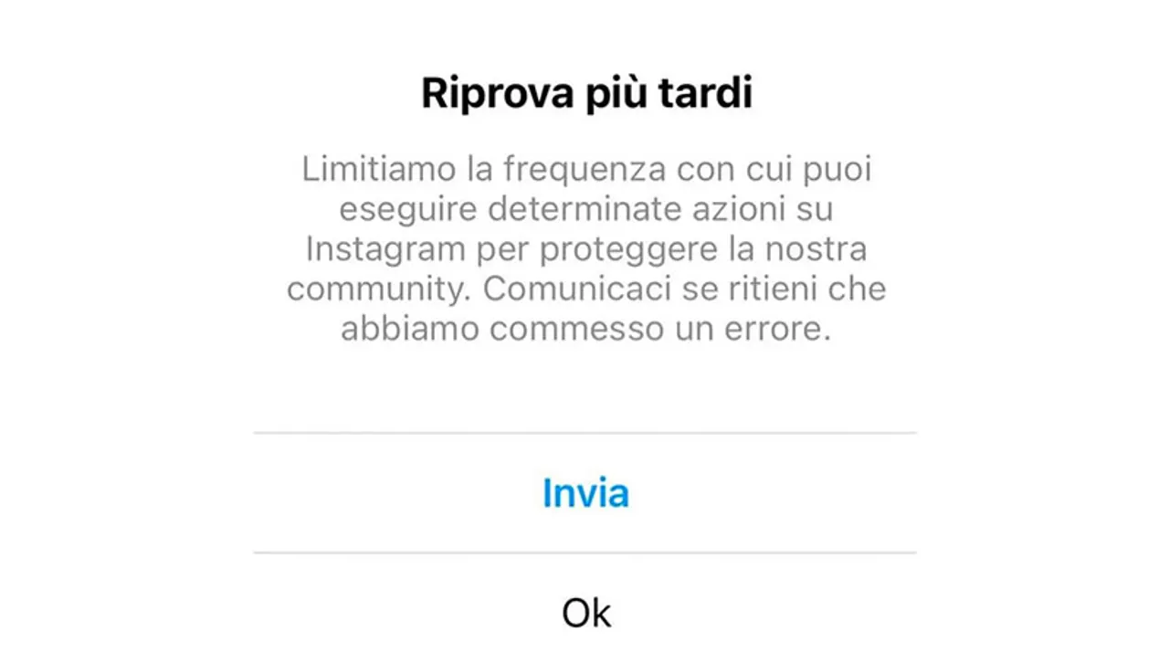 Screenshot errore riprova più tardi blocco azioni Instagram